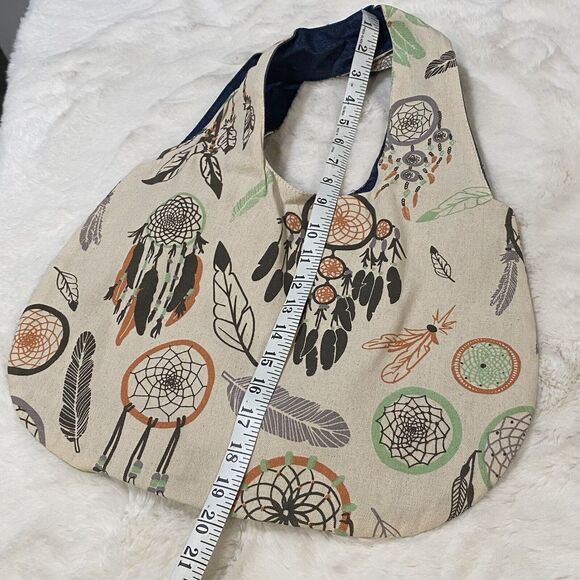 Dreamcatcher Feather Boho Canvas Purse Hobo Tote‎ Bag Denim Lined - Picture 5 of 6